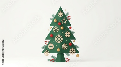 Minimalist 3d papercut christmas tree with golden and red ornaments isolated on white background