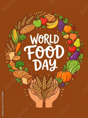 World food day wreath of fruits vegetables bread and grains surrounding text with hands holding wheat symbolizing harvest and nourishment on brown background