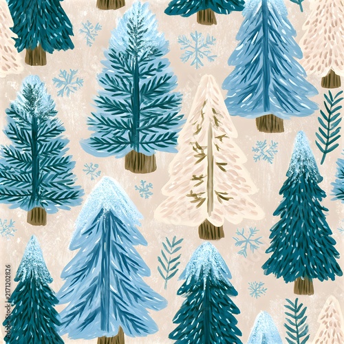 Patterns feature different trees and snowflakes in blue and white colors
