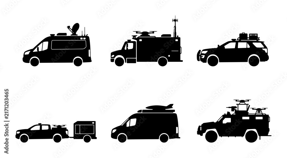 Fototapeta premium Specialized Vehicles Set: Broadcast, Surveillance, and Utility Vans, SUVs, Trucks