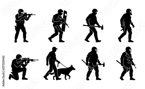 Tactical SWAT Team Silhouettes, Police Officers, Security Forces, Military Action Figures, Vector Set