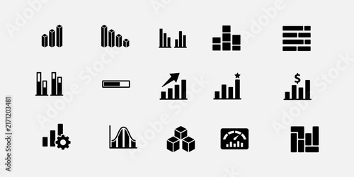 Set of black and white business and financial chart icons for data analysis and corporate reporting