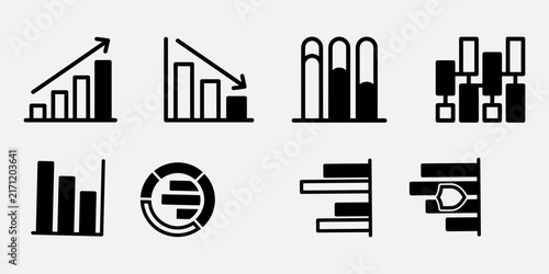 Set of black and white business data analysis icons showing various types of charts and graphs