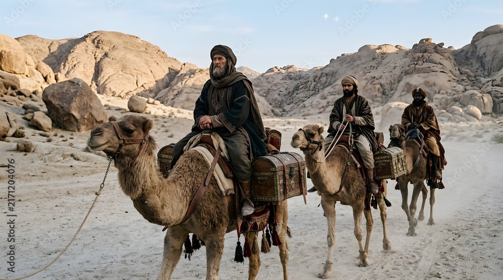Fototapeta premium A cinematic close-up of the Three Kings mounted on camels traveling through a cool desert morning, their symbolic treasures protected inside traditional wooden and woven containers, sparse frost-like 