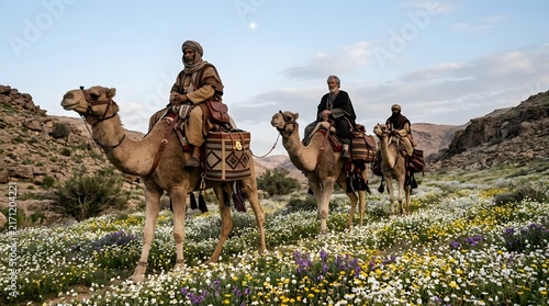 A cinematic close-up of the Three Kings mounted on camels as a large desert moon rises behind distant hills, their symbolic treasures resting within traditional containers secured to the saddles, a qu