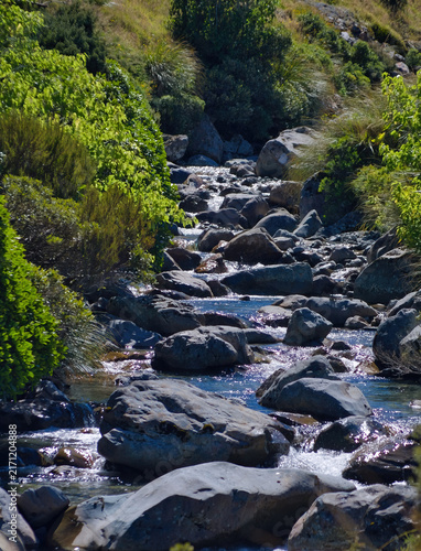 A clear mountain stream cascades over smooth stones and boulders surrounded by alpine foliage under bright sunlight. Black Range, Arthur’s Pass National Park, Canterbury, New Zealand
