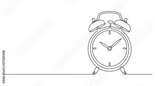Continuous line drawing of a twin bell alarm clock on a straight line with vector illustration
