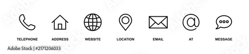 Contact icon set. Phone, home, globe, location, email and communication vector illustration. Mobile and message symbol. Interface details sign.