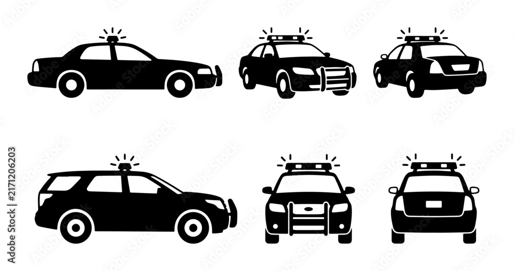 Fototapeta premium Police Car Icons Set, Law Enforcement Vehicle Silhouettes, Black and White Patrol Car Vector Graphics