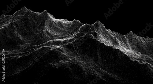 Abstract, ethereal mountain range rendered in white light against a stark black background