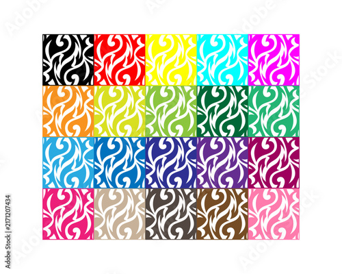 Colorful tribal flame vector set with square liquid swirl patterns, multicolor fire icon collection, flame tattoo elements