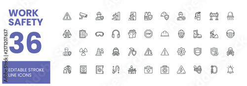 Work safety line icons in black on a white background, representing protection and hazard prevention.