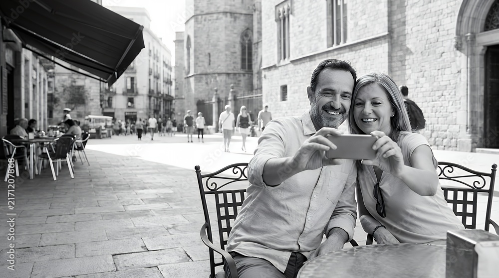 Obraz premium A casually dressed couple in their 40s and 50s taking a selfie with a smartphone at an outdoor cafe capturing a vacation memory in Barcelona for a Black concept Tourists in 40s and 50s taking a