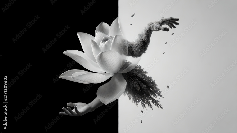 Fototapeta premium Surreal black and white artistic composition featuring a lotus flower merging with human hands.
