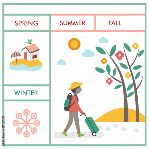 Vector illustration of four seasons spring summer fall winter with seasonal elements like flowers sun snowman and person shoveling snow fall leaves seasonal activities seasonal symbols
