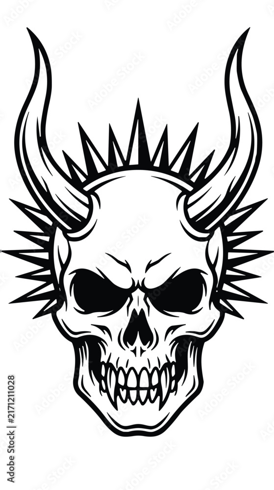 Fototapeta premium Demon skull with long horns and spikes vector artwork