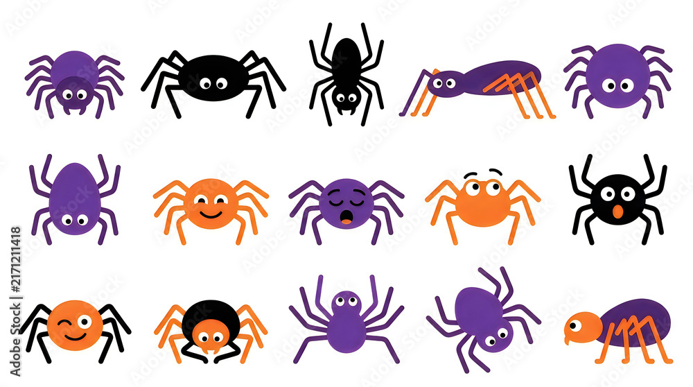 Obraz premium Colorful cartoon spider icons set