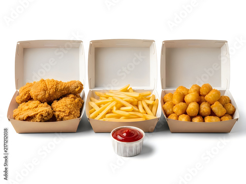 Assorted golden fried snacks in cardboard boxes with red sauce