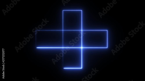 Abstract blue neon light moving on dark background, geometric shape square glowing line, seamless loop, futuristic glowing light in motion with copy space for text.