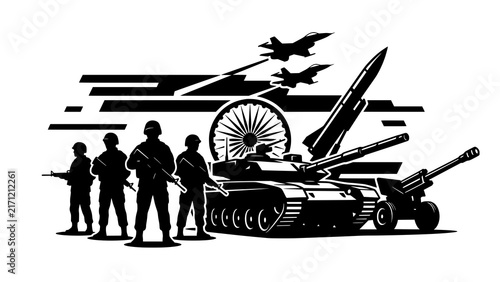 Quadro su tela Indian military silhouette composition with soldiers tank fighter jets and missi