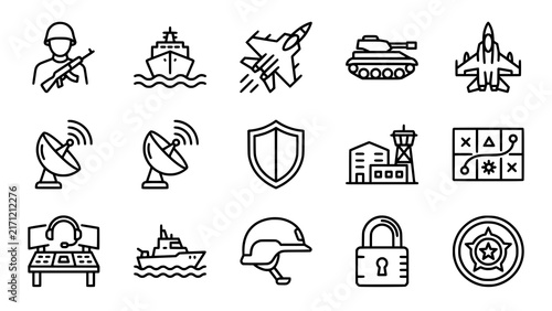 Set of military and defense icons featuring soldiers vehicles and tactical equipment
