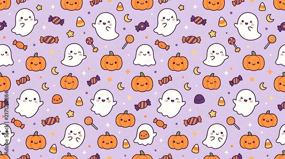 Seamless halloween pattern with cute ghosts pumpkins and autumn leaves on lavender background