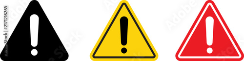 Exclamation mark warning triangle signs in black yellow and red colors