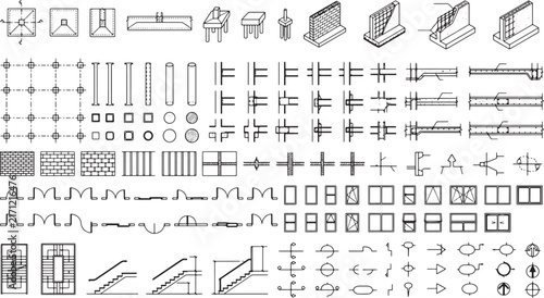 Architectural construction symbols and technical drawing elements set for building design and engineering documentation vector illustration