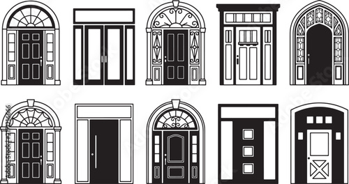 Set of ten black and white architectural door icons featuring various arched and rectangular entry designs