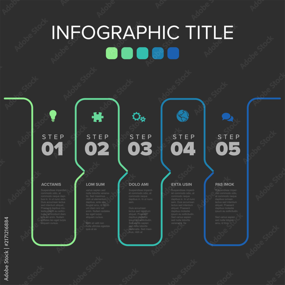 Obraz premium This modern infographic template outlines a workflow with five steps on a dark background. Use this versatile infographic template to present any five steps business process.