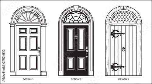 Three distinct arched door designs with decorative transoms and hardware in a clean black and white vector illustration