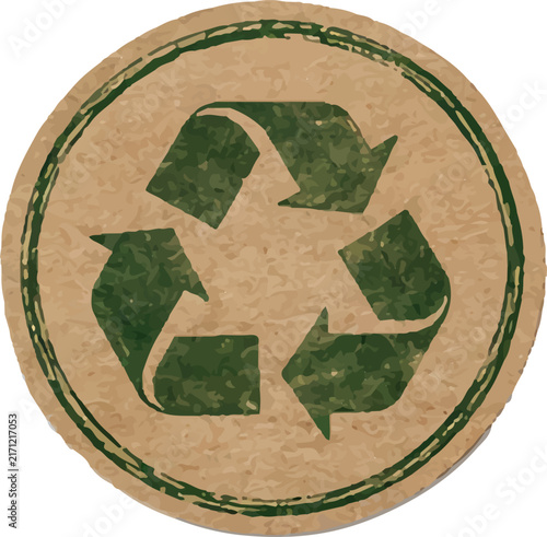 Recycle symbol stamp icon on textured brown cardboard background with green icon
