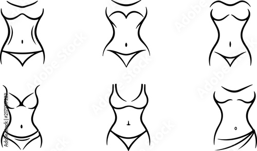 Female body shape and waistline silhouette outline vector icons collection