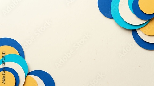 Abstract background with layered colorful paper circles in blue and yellow tones with copy space