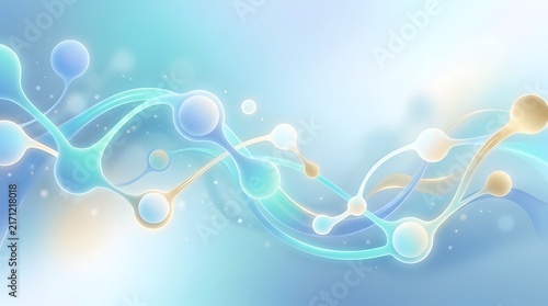 Abstract scientific background featuring glowing molecular structures and interconnected particles in a soft blue and gold light