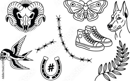 Traditional Tattoo Flash Icon Set, Vintage Tattoo, Ram Skull, Moth, Sneakers, Barbed Wire and Horseshoe, Vintage American Line Art Vector Collection