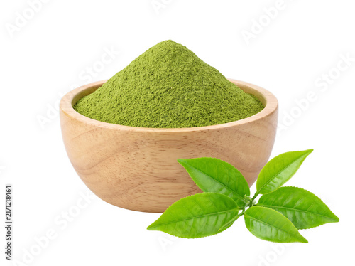 Organic matcha green tea powder in wooden bowl, vibrant culinary tea leaves, healthy superfood ingredient isolated on white background