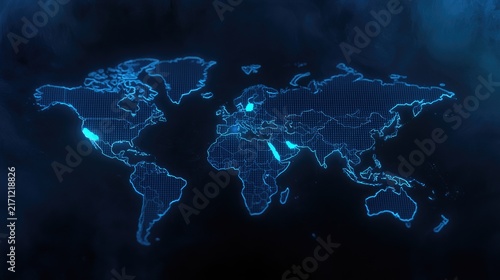 Glowing world map with highlighted regions in blue, set against dark, smoky background