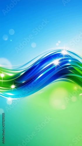 Abstract blue and green flowing waves with sparkling light flares on a smooth gradient background. glossy curved lines convey fluid motion and energy.