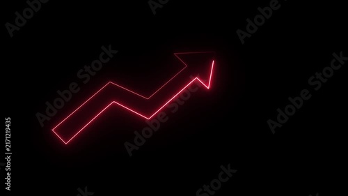 Glowing red neon line graph arrow moving upward to represent financial growth and success, isolated on solid black background. 4K video.