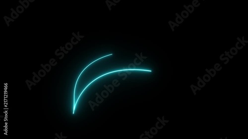 Glowing cyan blue neon energy streak with double lined crescent arching upwards on black background for sci fi vfx overlay. 4K video.