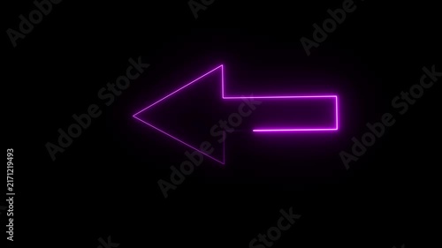Glowing vibrant magenta purple neon directional arrow icon isolated on solid black background. 4K video.