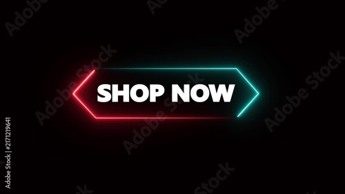 Glowing red and cyan neon hexagonal frame with white bold SHOP NOW text on solid black background for e-commerce sale promotion. 4K video.