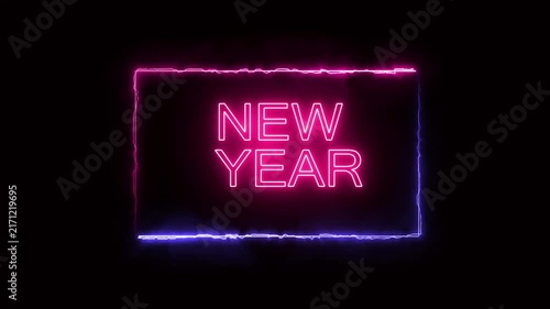 Glowing neon sign displaying NEW YEAR text inside a bright rectangle frame on solid black background. 4K video.