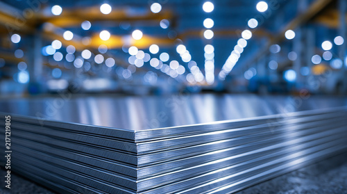 Stack of shiny stainless steel sheets in a brightly lit industrial warehouse. Ideal for manufacturing and engineering corporate backgrounds.