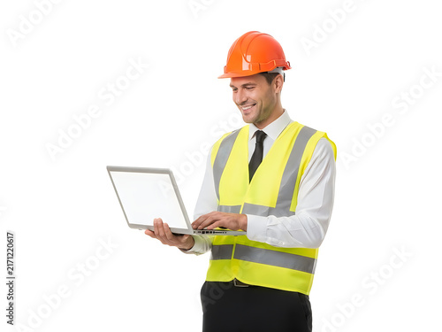 Construction worker using laptop outdoors with safety gear
