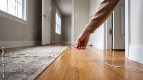 Hand picking up loose cable on hallway floor at home