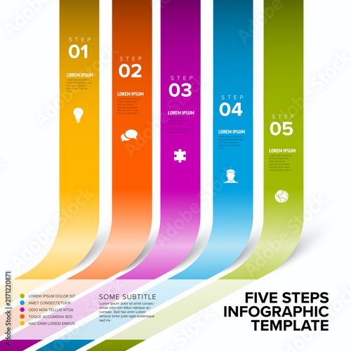 Professional five steps infographic template featuring vibrant ribbons. This infographic layout includes five steps with icons for business presentations and data visualization.