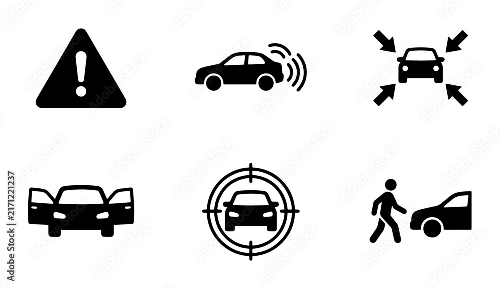 Fototapeta premium Modern Car Technology Icons: Safety, Sensors, Parking, Doors, Driver Assistance