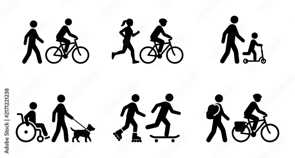 Fototapeta premium Diverse People Icons, Active Lifestyle Set, Walking, Cycling, Running, Scooter, Wheelchair, Dog, Skateboard, Backpack, Vector Graphics